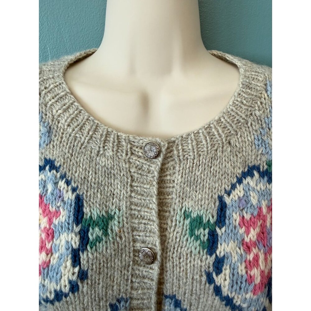 Vintage Eagles Eye Womens M Cardigan Wool Floral Tan Blue Pink Button Up Sweater - Picture 6 of 16